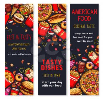 Fast food restaurant banners set of fastfood dishes cheeseburger, pizza and hot dog sandwich or chicken nuggets and french fries snacks. Vector meals of burgers, popcorn and donut cakes or ice cream