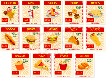 Fast food restaurant menu price cards. Vector set for ice cream and donut dessert, soda drinks, nachos and hot dog sandwich or burger and tacos or burrito, chicken nuggets snack and pizza with popcorn