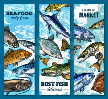 Fresh seafood and fish market banner set. Salmon, tuna, blue marlin, trout, pike, mackerel, flounder, catfish, perch and carp sketches. River and sea animal for fishing sport and fish market design