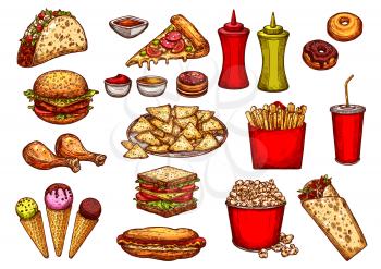 Fast food drink and dessert sketches set. Hamburger, french fries, soda and pizza, hot dog and donut, cheeseburger, chicken leg, ice cream cone, taco, nacho, burrito, sandwich, popcorn and sauce