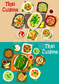 Thai cuisine menu icon set of vegetable salad with squid and beef, shrimp and egg rice, chicken soup with coconut, noodle with seafood and pork, beef curry, chicken veggies stew, fish with chili sauce