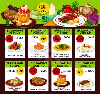 Bulgarian cuisine restaurant lunch menu for special offer brochure template. Lamb kebab, vegetable bean pork stew, meat pie, cheese roll, donut, cabbage beef roll and savarin cake menu card design