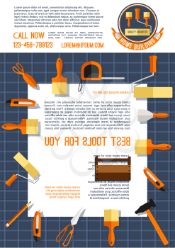 Home construction poster template with work tool. Wooden toolbox with hammer, paint brush, roller, spatula, knife, tape measure, scissor and text layout for development and construction company design
