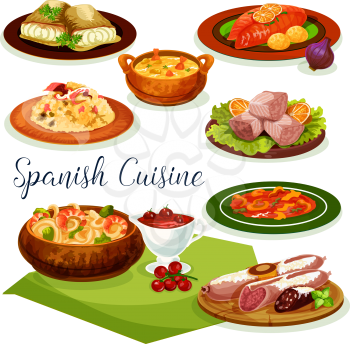 Spanish cuisine dinner menu cartoon icon with traditional sausage, ham and gammon, served with vegetable rice, fish and shrimp soup, seafood noodle, baked cod with chili and tomato sauce, tuna salad