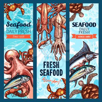Seafood and fish market banner set. Fresh crab, salmon, shrimp, tuna, blue marlin, octopus, prawn, squid and sea turtle marine animal sketch poster for seafood restaurant menu, food packaging design