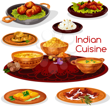 Indian cuisine thali dishes cartoon icon. Rice curry with chicken and fish, pork pilau, flat bread, shrimp saffron soup, fried feta cheese, nut cookie and lentil corn soup for asian food design