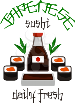 Japanese sushi symbol of asian seafood restaurant. Sushi roll filled with salmon fish and rice, served with soy sauce icon for sushi bar emblem, japanese cuisine menu design