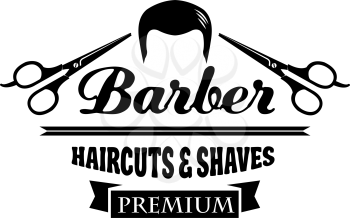 Barber shop symbol or hair salon emblem. Man haircut and shave isolated icon with scissors and ribbon banner for barbershop, gentleman or hipster hairdressing salon signboard design