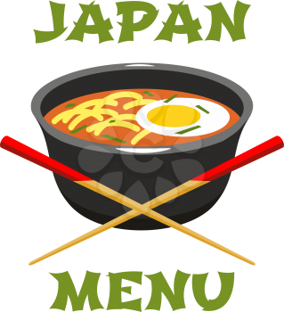 Japanese menu icon with asian food. Japanese noodle soup ramen in bowl with egg, green onion and chopsticks isolated symbol for asian cuisine restaurant emblem, food delivery service design