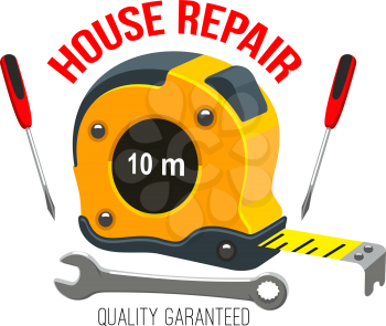 House repair icon with hand and measuring tools. Screwdriver, spanner, wrench and tape measure isolated symbol for construction company and handyman service emblem design