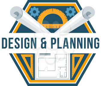 Building design and planning isolated badge. House plan and architectural drawing with ruler and protractor icon for interior design studio emblem, construction and development company symbol design