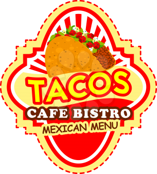 Mexican taco label of fast food restaurant. Beef taco icon of crispy tortilla with ground meat, vegetable and spicy tomato sauce for mexican cuisine snack label, fast food restaurant badge design