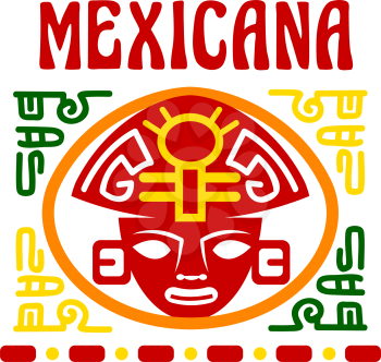 Mexican fast food restaurant, traditional cuisine of Mexico vector emblem. Ancient aztec mask, decorated with mexican ethnic ornament isolated symbol for restaurant or cafe signboard design