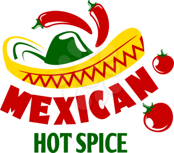 Mexican food isolated icon. Red chili pepper, tomato and jalapeno spice vegetable with sombrero hat vector symbol for mexican cuisine fast food restaurant emblem or hot spicy salsa sauce label design