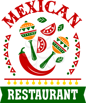 Mexican cuisine restaurant emblem of ethnic food. Red chili pepper, tomato, hot spice and herbs with maracas vector icon framed with mexican or aztec ornament and ribbon banner