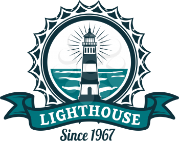 Nautical lighthouse round badge. Lighthouse tower on sea shore isolated icon with ribbon banner for marine travel and sailing club emblem design, navy heraldry themes design