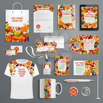 Corporate identity template set with Thanksgiving holiday symbols. Business card, letterhead, envelope, folder, brochure cover and stationery with autumn leaf, turkey and pumpkin pie branding layout