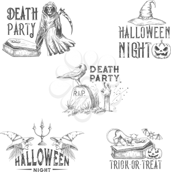 Halloween party sketch icons for horror holiday greeting or invitation design template. Vector pumpkin lantern, dead zombie skull or death with scythe, witch and Halloween spooky trick or treat grave