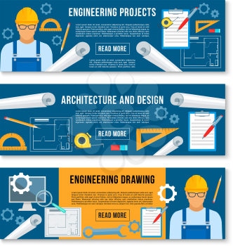 Home or house engineering and planning project banners. Vector set for interior design and building engineer work tools of ruler, pencil or room layout drawing with eraser for architecture plan