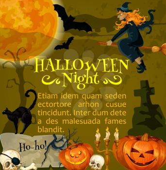 Halloween night poster or greeting card template for October spooky traditional trick or treat holiday celebration. Vector horror design of Halloween pumpkin lantern, witch and black cat on graveyard
