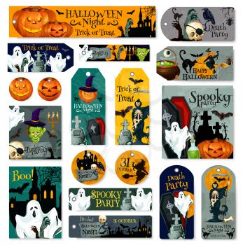 Halloween trick or treat night party icons or invitation cards templates. Vector design set of Halloween pumpkin, witch in moon and grave tomb, black bat or cat and spooky ghost or dead zombie coffin