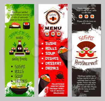 Sushi bar menu banners set for Japanese seafood restaurant cuisine. Vector template of sushi rolls, salmon fish maki or noodle or miso soup and tuna sashimi, tempura shrimp prawn in rice and soy sauce