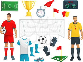 Football or soccer sport game vector isolated icons set of footballer player, referee whistle or red card, goalkeeper gates and football ball, flag on field and boots or sneakers with score timetable