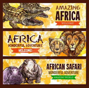African Safari wild adventure entertainment poster. Vector design of Africa savanna wildlife world crocodile alligator, lion or cheetah panther, hippopotamus and rhinoceros for zoo welcome template