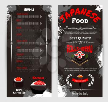 Japanese food price menu template for seafood cuisine restaurant. Vector main dish of sushi rolls, chef menu of sea food noodles, salmon or eel sashimi and steamed rice or squid guncan and chopsticks