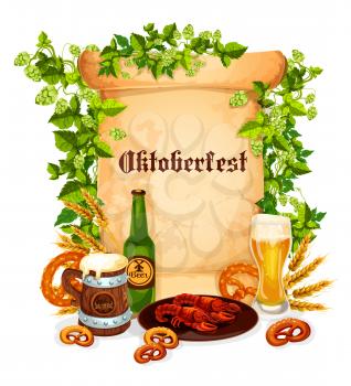 Oktoberfest beer and snacks poster. Vector design craft or draught beer in glass or bottle, hop branch wines and wheat ears, dried fish kipper or lobster snacks and pretzel for Oktoberfest celebration
