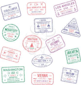 Passport city names stamps set. Kuala Lumpur, Ankara or America Los Angeles and Helsinki, Brussels, Abu Dhabi or Jakarta, Warsaw, Vienna and New York USA travel country arrival vector isolated icons