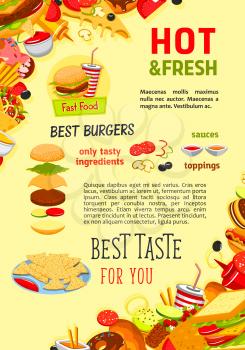 Fast food poster of hot dog, cheeseburger or pizza and french fries snack, donut or muffin and ice cream desserts, sandwiches or chicken grill nuggets and coffee or soda drinks for fastfood restaurant