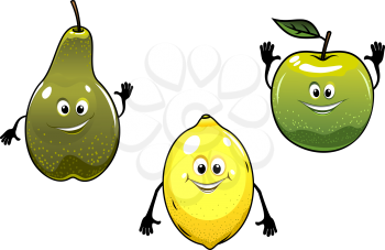 Green pear, apple and yellow lemon fruits in cartoon mascot style for bio food concept design