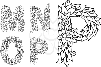 Floral letters M, N, O and P isolated on white background