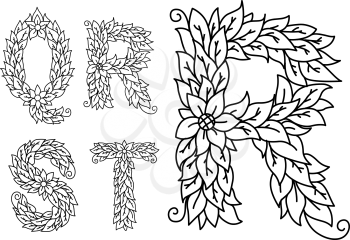 Capital letters Q, R, S, T with floral elements isolated on white background