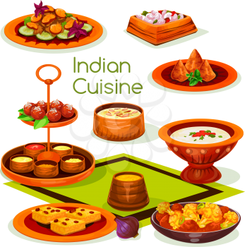 Indian cuisine lunch with traditional asian food. Mushroom curry, chicken vegetable casserole with cream tomato sauce, rice dessert with nuts, potato samosa, milk cake ball and semolina pudding
