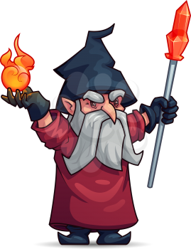 Old wizard or sorcerer cartoon character. Wicked magician with gray beard, magic staff, fire ball, hat and mantle. Merlin with magic items for Halloween, sorcery and alchemy themes design