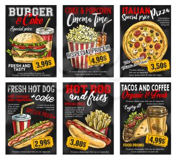 Fast food restaurant menu promo card with special price. Hamburger, hotdog and pizza with soda and coffee drink, french fries, mexican taco and popcorn sketch banner on chalkboard for fast food design