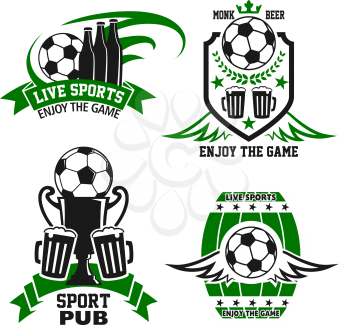 Sport bar badge with beer and football sport game items. Soccer ball, winner trophy cup and beer bottle or mug of alcohol drink symbol on shield and beer barrel with ribbon banner, star and wing