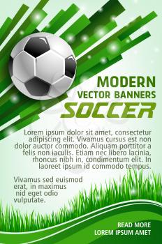 Football sport game banner with soccer ball. Green grass of football stadium field and soccer ball poster for sporting competition and championship match web banner design