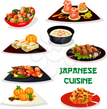 Japanese restaurant dinner dishes icon of asian cuisine. Meat rice, seafood soup and chilli shrimp, grilled chicken with mushroom and marinated ginger, teriyaki chicken with vegetable, fruit cake