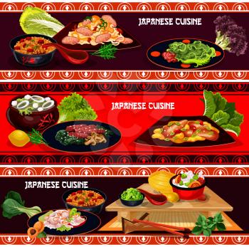Japanese cuisine restaurant dinner menu banner set. Fried rice with teriyaki beef, spicy pork noodle, rice with vegetable, eel fish and marinated ginger, seaweed soup kale with tofu cheese