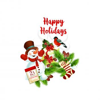 Merry Christmas wish lettering for winter holiday season greeting card. Vector icon of snowman with gift stockings and 25 December calendar or bullfinch on Christmas tree holly wreath