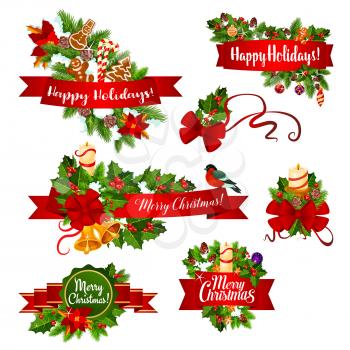 Christmas holiday garland ribbon banner set with greeting wishes. Xmas tree and holly berry wreath with Santa bell, New Year ball and candle, candy, cookie and poinsettia for winter holiday design