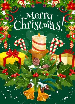 Merry Christmas greeting card of Santa gifts and Christmas tree decorations, Vector New Year snowflake and garland of stars and golden bells in holly wreath and gingerbread cookie for winter holiday