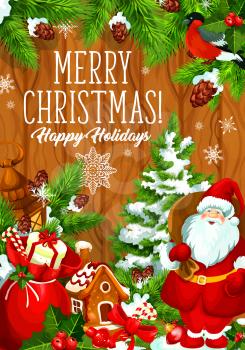 Merry Christmas wish and Happy Holiday greeting card design of Santa New Year present gifts bag and Christmas tree for winter holiday. Vector decoration garland wreath in snow and gingerbread cookie