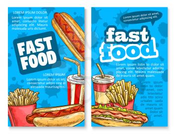 Fast food lunch sketch poster template set. Hot dog sandwich with sausage and ketchup sauce, french fries and sweet soda takeaway paper cup vector banner for fast food restaurant promo flyer design