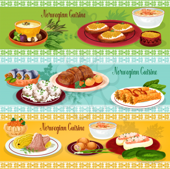 Norwegian cuisine seafood lunch restaurant banner set. Fish and mushroom cream soup, salmon potato pie, meat cabbage stew, herring roll, pike roe toast, stuffed cucumber with fish, sugar waffle roll