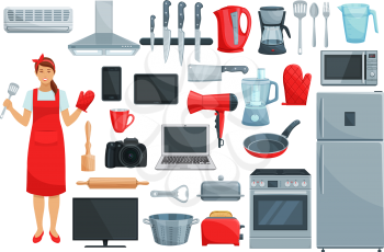 Home appliance and kitchenware vector set. Refrigerator, microwave and coffee machine, vacuum cleaner, oven, stove, mixer, blender and knife, pot and toaster, computer, camera, tv and phone