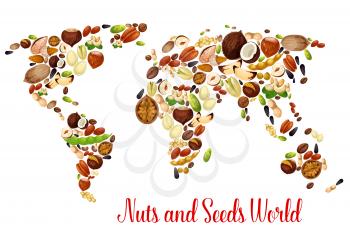 Nut world map with seed and bean. Almond, peanut, walnut, pistachio, hazelnut, cashew, sunflower and pumpkin seed, pecan, macadamia, coconut, pine and brazil nuts, soy bean and chestnut vector map